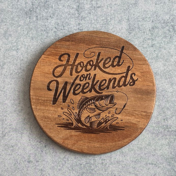 Hooked on Weekends Fishing Engraved Wooden Coaster